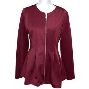 Women's Peplum Tunic Top Blouse Sz XL Full Front Zip Pleated Burgundy Old Money